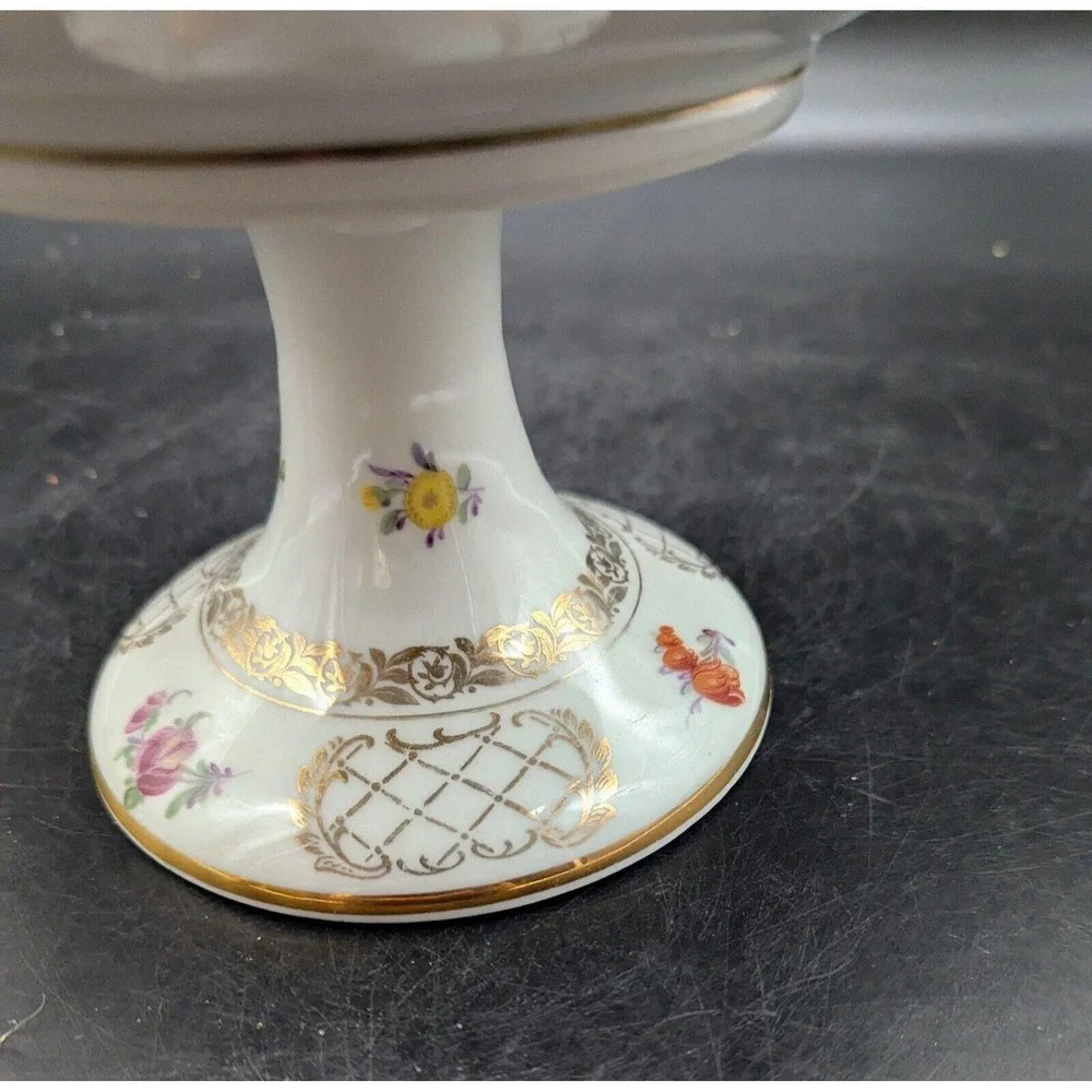Schumann Dresden Hand Painted Round Floral Compote Pedestal Reticulated Bowl